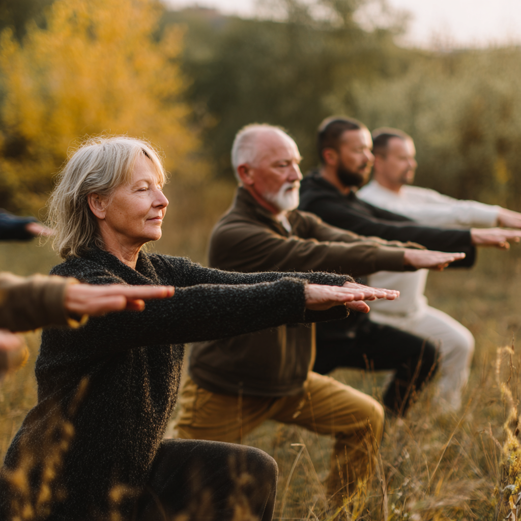 Middle-aged adults practicing mindful movement exercises in natural setting